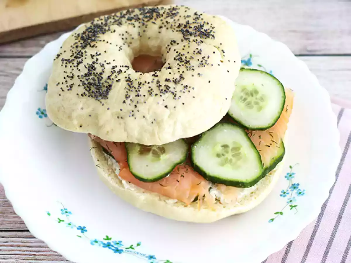 Salmon, cucumber, and cream cheese bagel