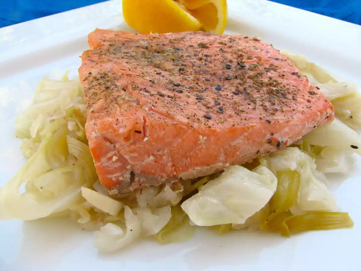 Salmon with Braised Leeks & Cabbage
