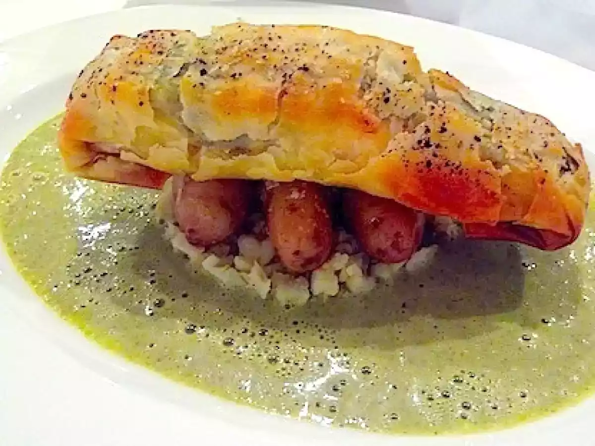 Salmon wrapped in filo with a Watercress sauce and Cauliflower Couscous.