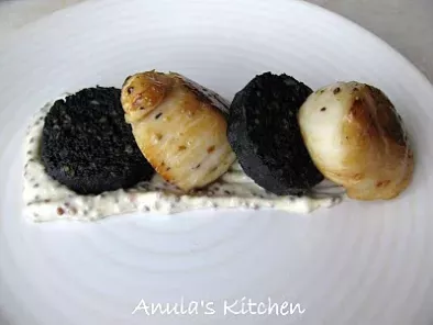 Scallops with black pudding and mustard sauce...