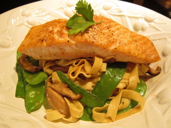 Seared Salmon with Shiitake and Snow Pea Lo Mein