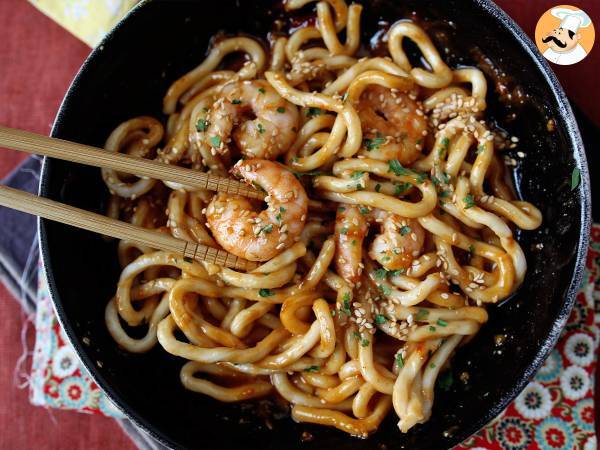 Shrimp udon noodles with spicy peanut sauce