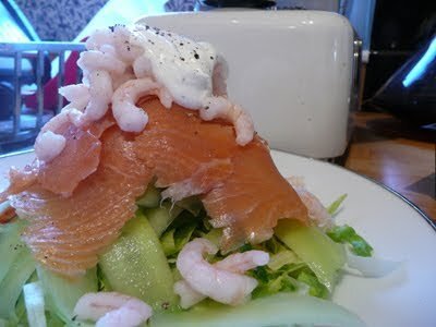 Smoked salmon and prawn salad recipe with cucumber and lemon