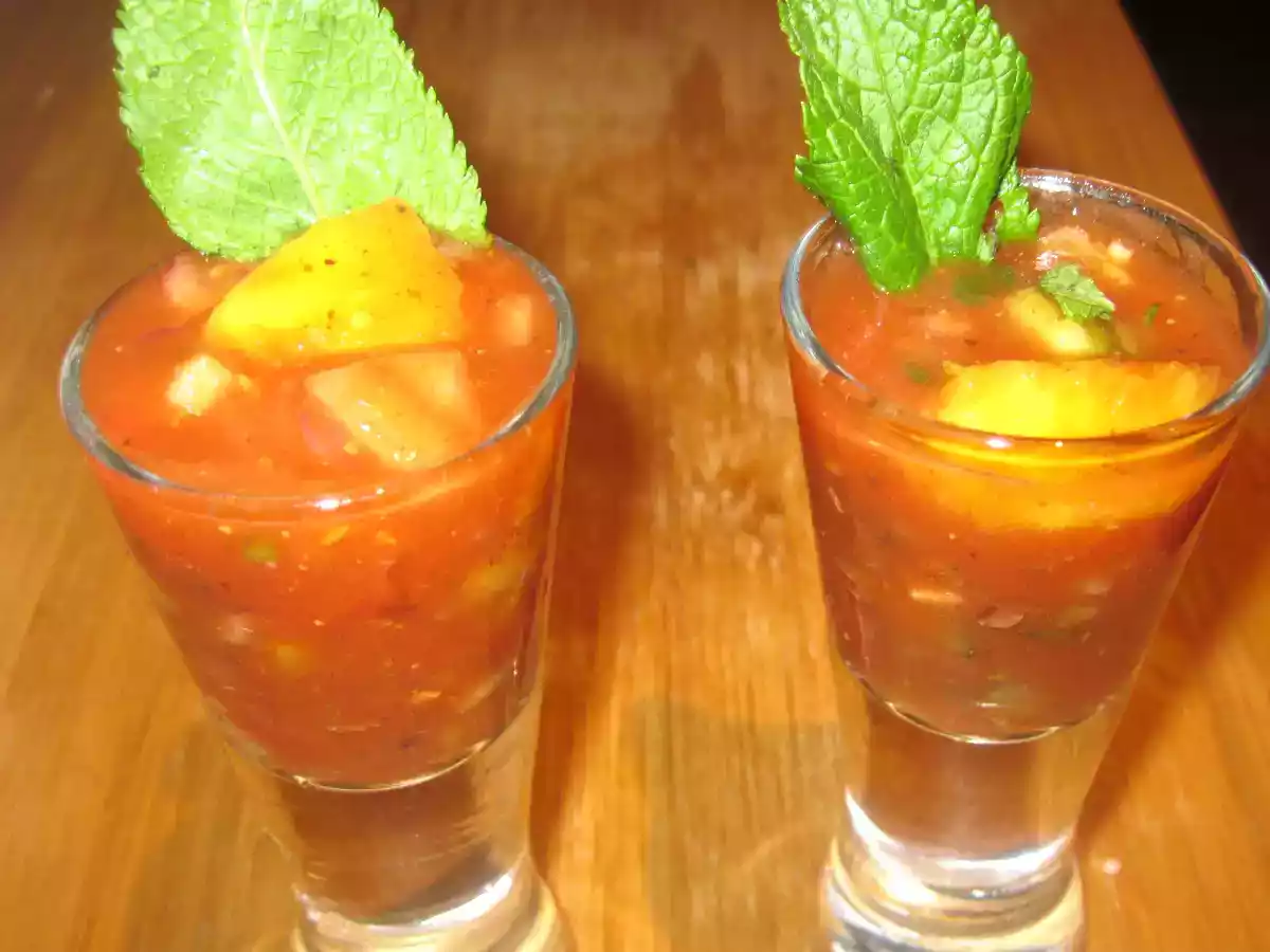 Spicy Watermelon And Mango Gazpacho Shots
