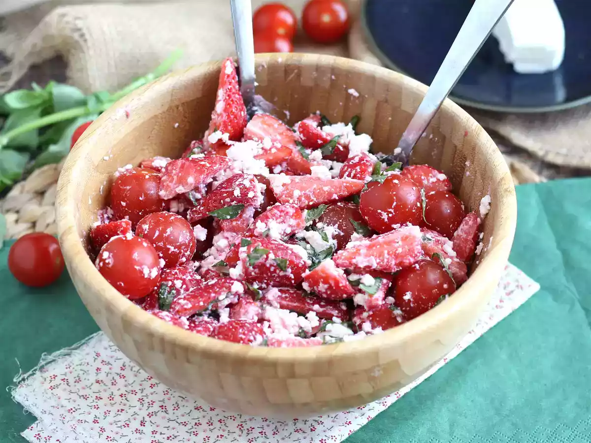 Strawberry, tomato, feta, and basil salad