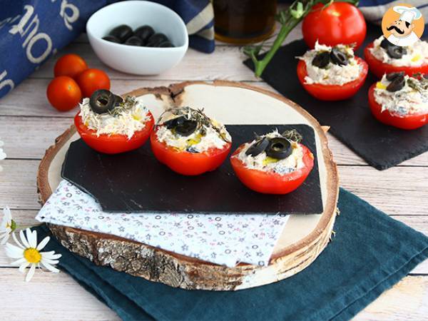 Stuffed tomatoes with tuna, cream cheese, and olives