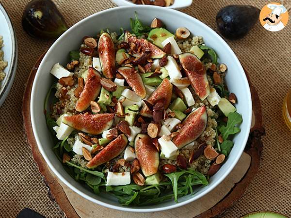 Sweet and savory fig, arugula, quinoa, mozzarella, and avocado salad