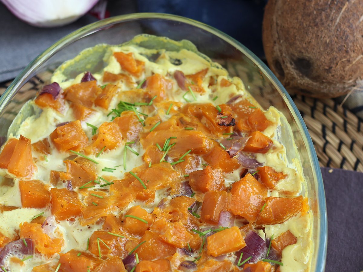 Sweet potato and coconut gratin dish