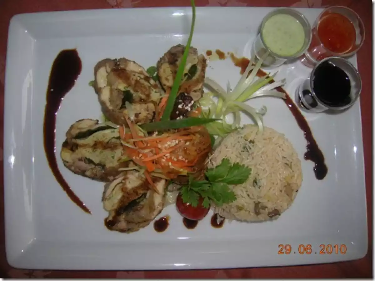 Tamago Stuffed Chicken Teriyaki with Yasai Itame and Matsutake Rice