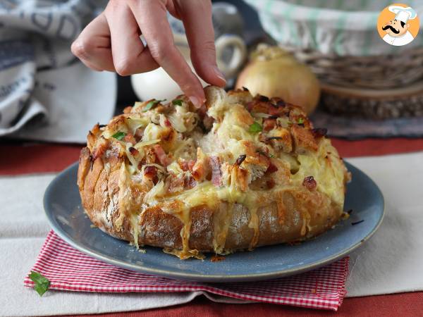 Tartiflette-style stuffed hedgehog bread