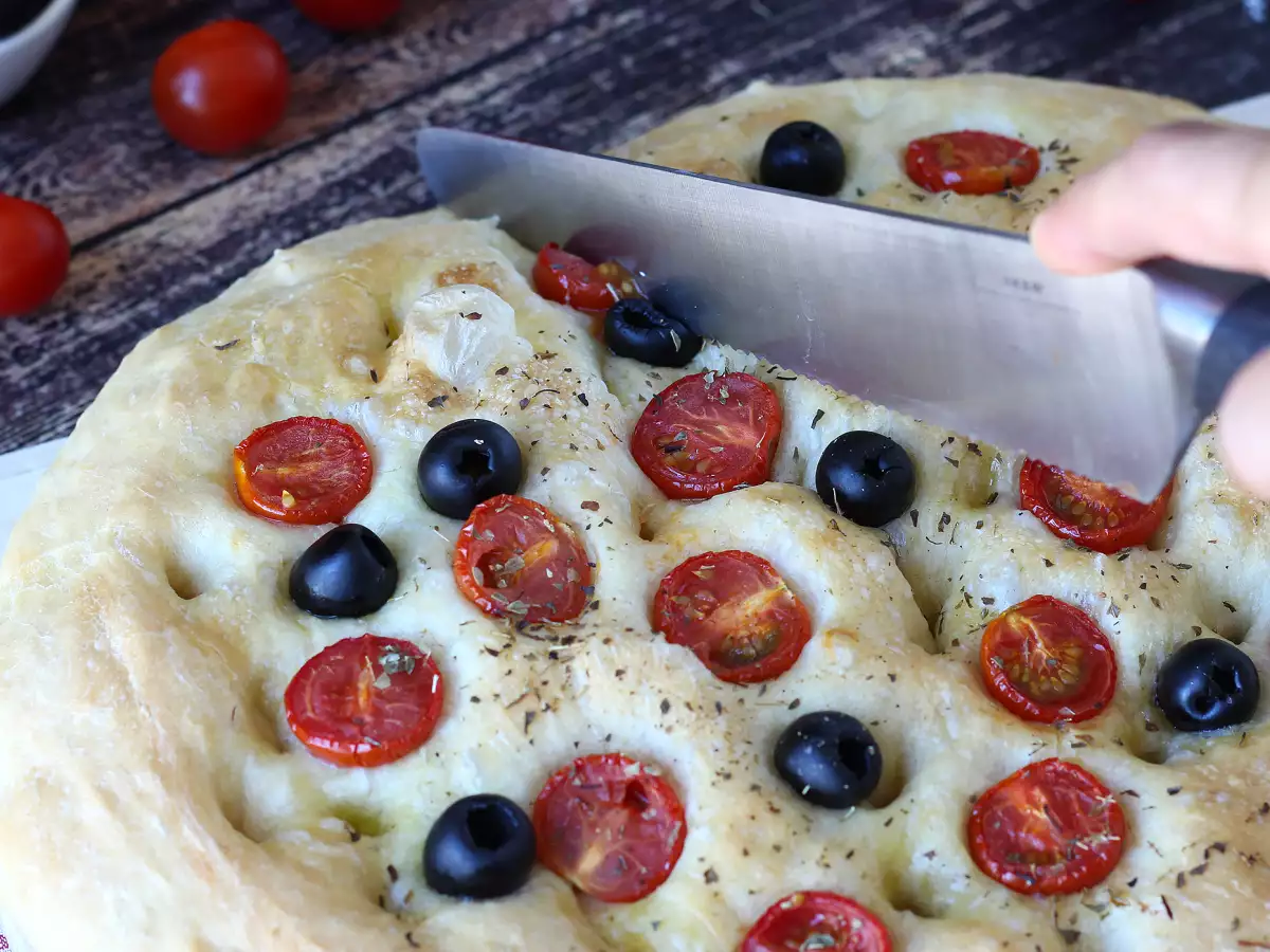 Thick, fluffy focaccia with cherry tomatoes, olives, and oregano - photo 2