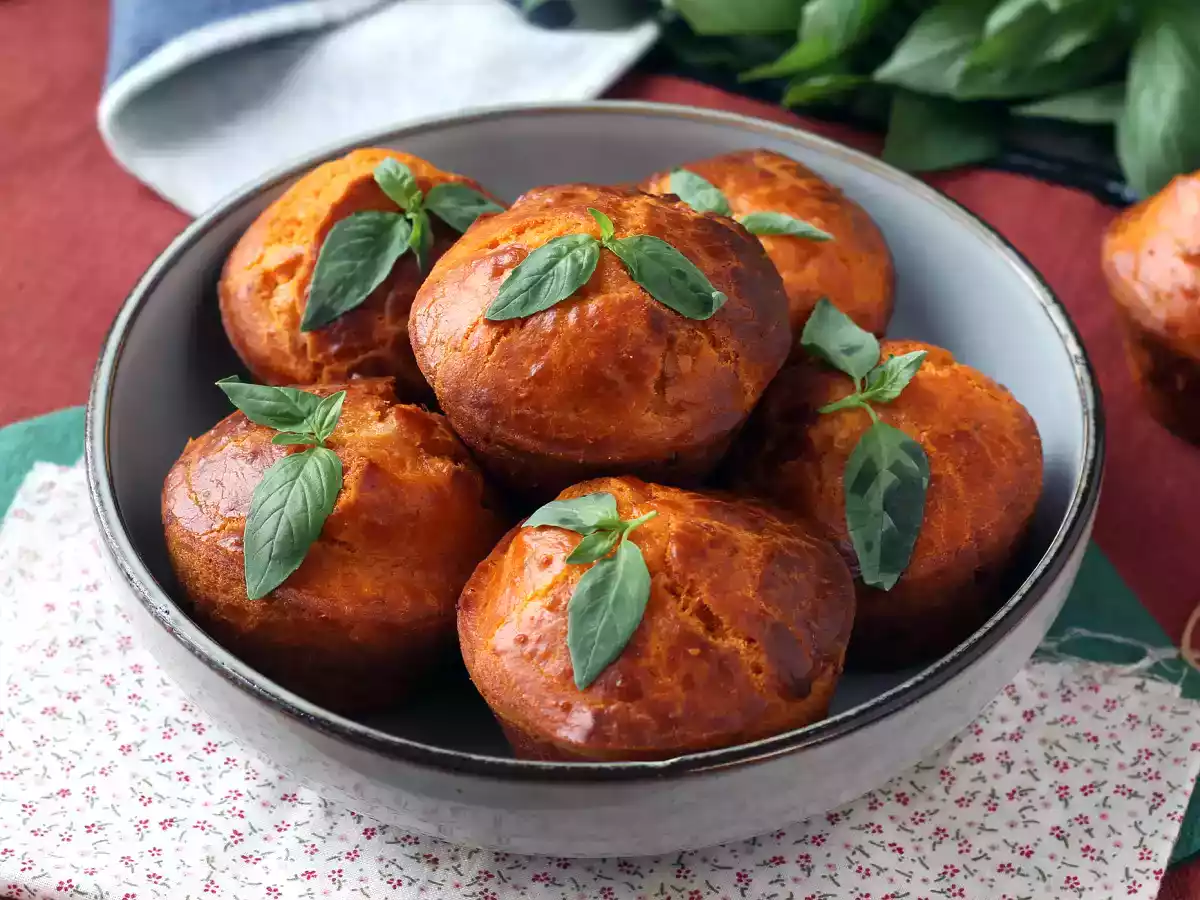 Tomato muffins with melty mozzarella inside