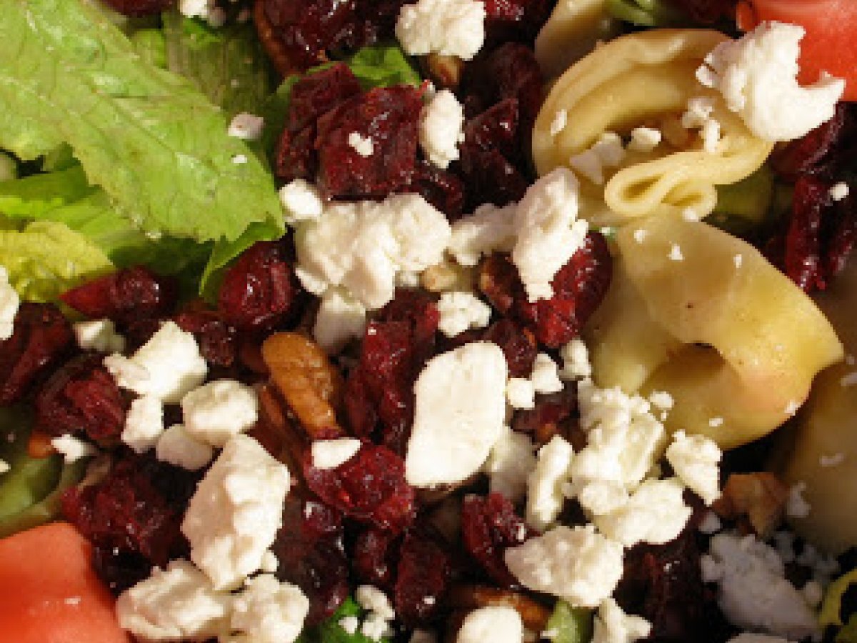 Tortellini salad with cranberries, pecans, and feta