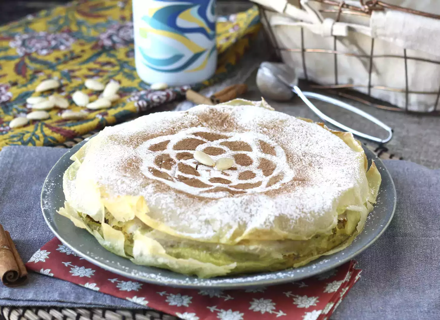 Traditional moroccan pastilla with phyllo dough, chicken and spices