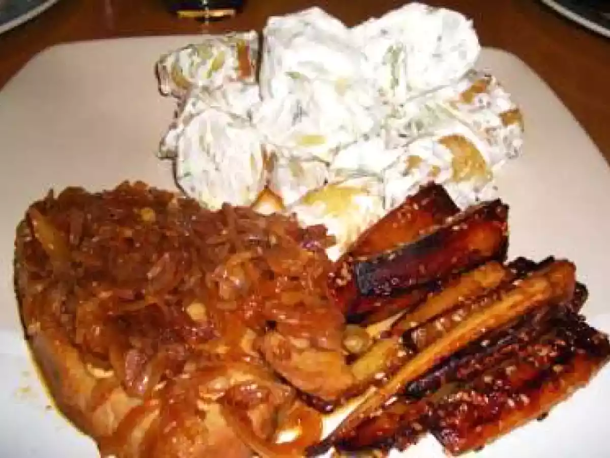 Tuna Steak and Caramelized Balsamic Onions with Potato Salad and