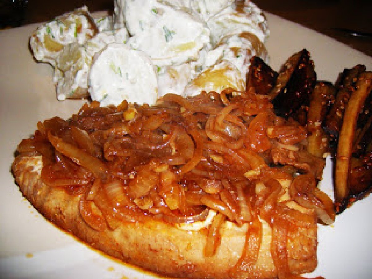 Tuna Steak and Caramelized Balsamic Onions with Potato Salad and Honey pan Fried Parsnips