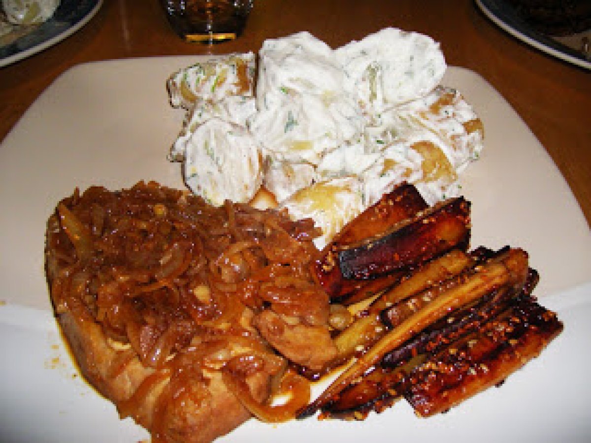 Tuna Steak and Caramelized Balsamic Onions with Potato Salad and Honey pan Fried Parsnips - photo 2