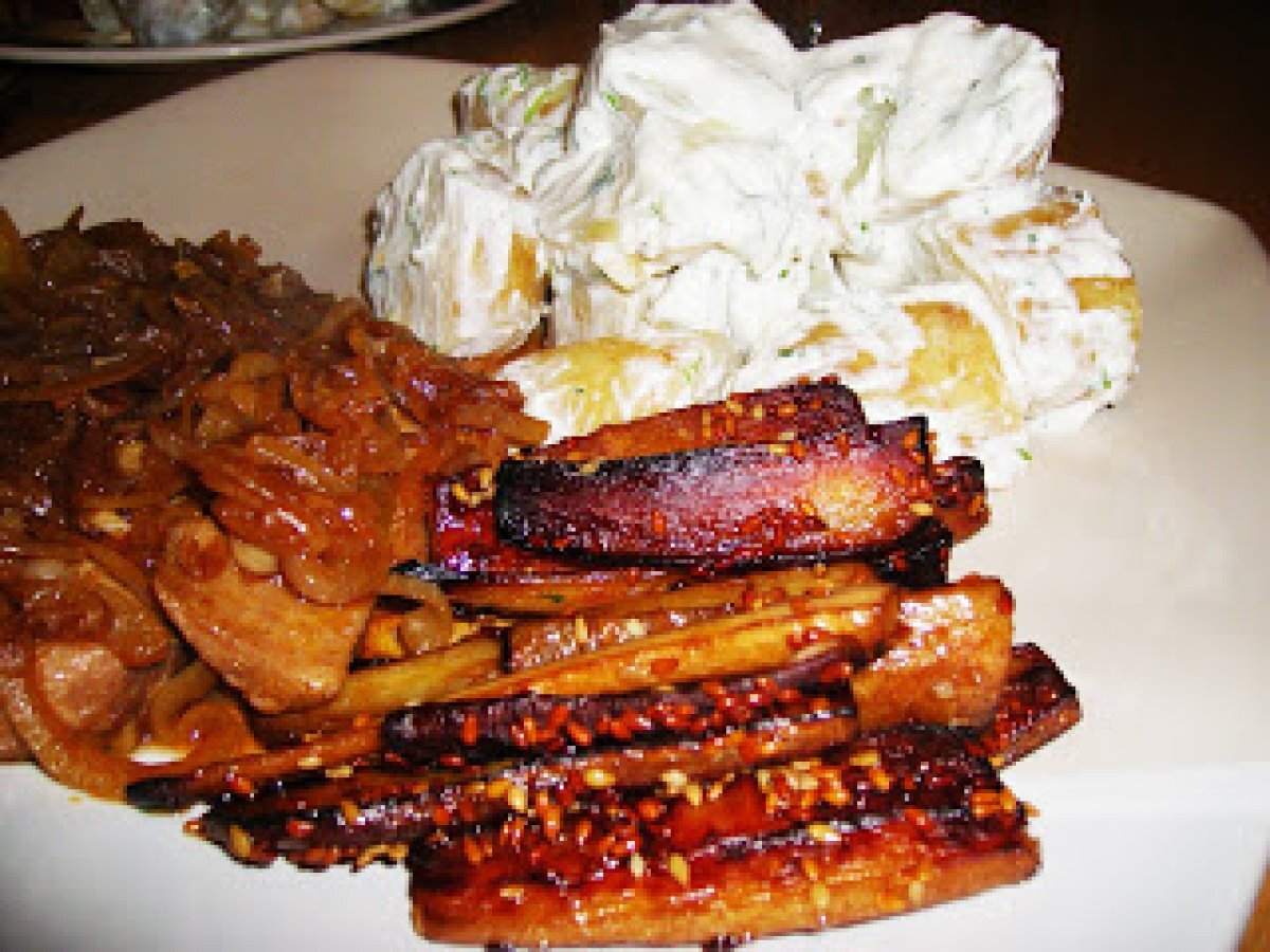 Tuna Steak and Caramelized Balsamic Onions with Potato Salad and Honey pan Fried Parsnips - photo 3