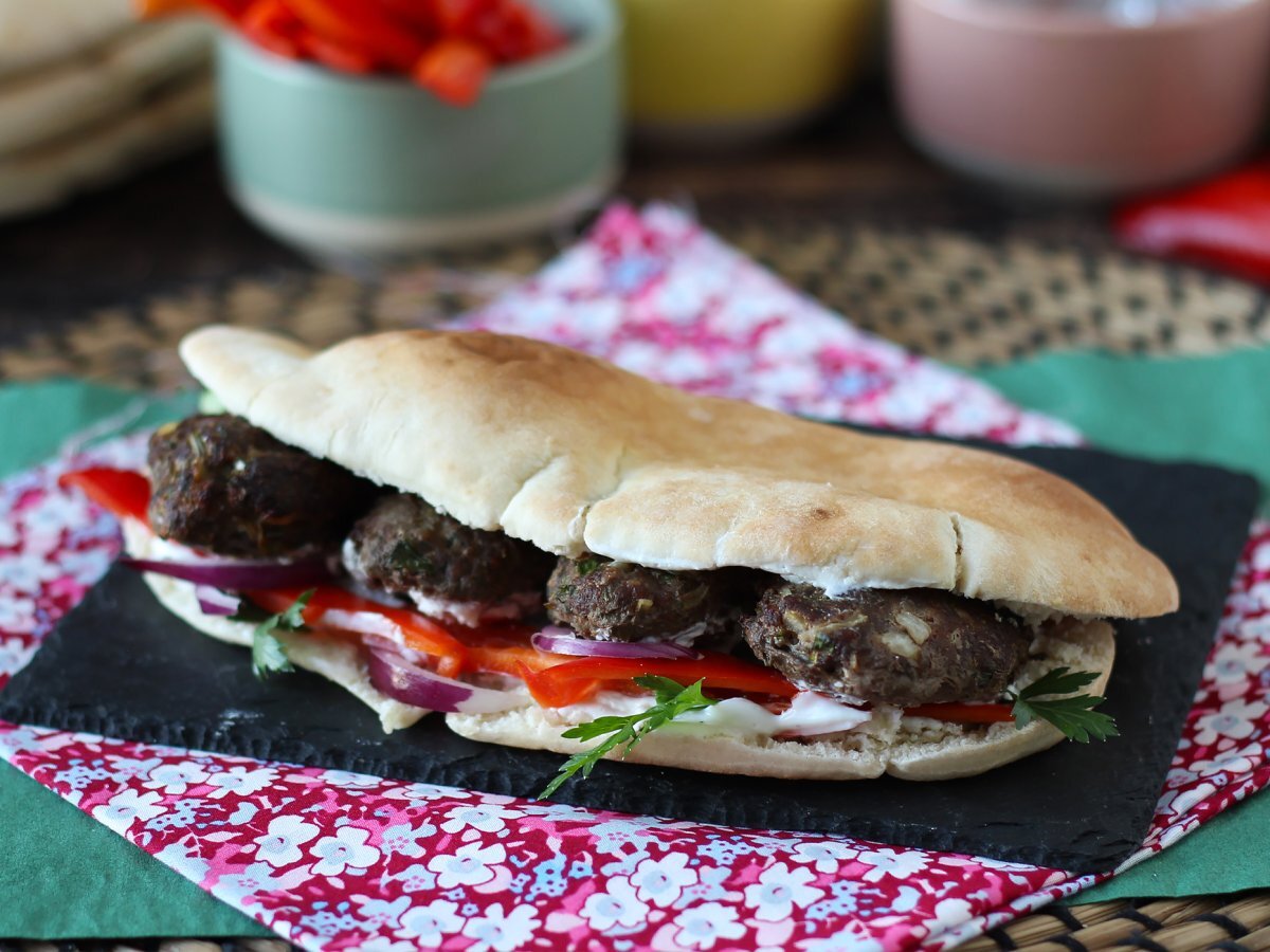 Turkish Köfte meatball sandwiches in kebab bread