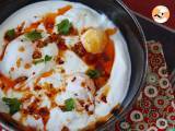 Turkish-style eggs on a yogurt base with spicy oil - çilbir, photo 1