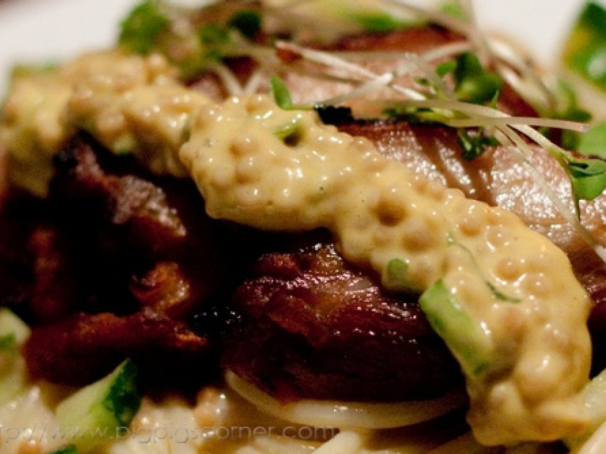 Valentine's Day Dinner Main - Roast Pork Belly on Pasta with Mustard Seed Sauce.