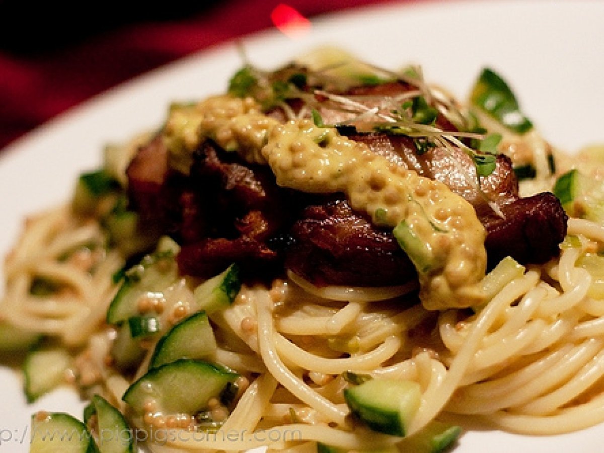 Valentine's Day Dinner Main - Roast Pork Belly on Pasta with Mustard Seed Sauce. - photo 2