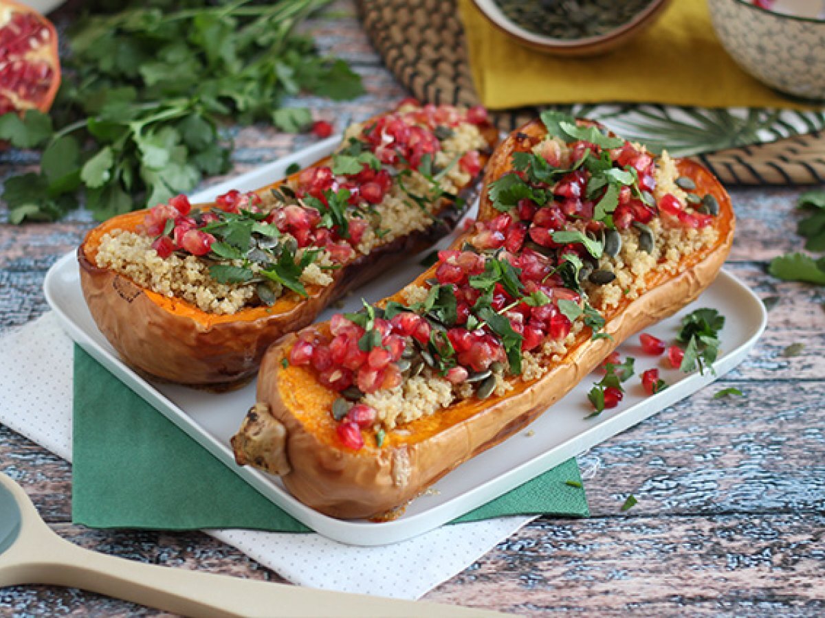 Vegan quinoa stuffed butternut squash with pomegranate