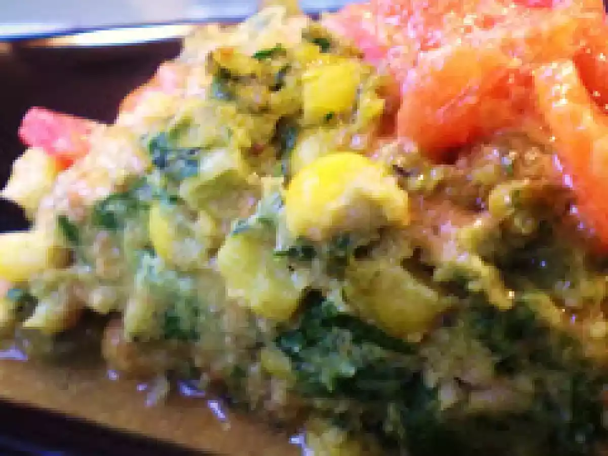 Vegan Spinach, Corn and Cornbread Stuffing with Vegan Tomato Picatta Sauce