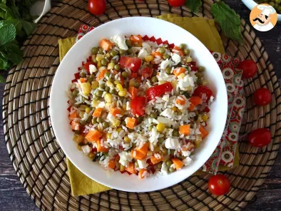 Vegetarian rice salad: feta, corn, carrots, peas, cherry tomatoes and mint, photo 2