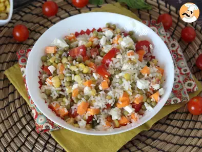 Vegetarian rice salad: feta, corn, carrots, peas, cherry tomatoes and mint, photo 4