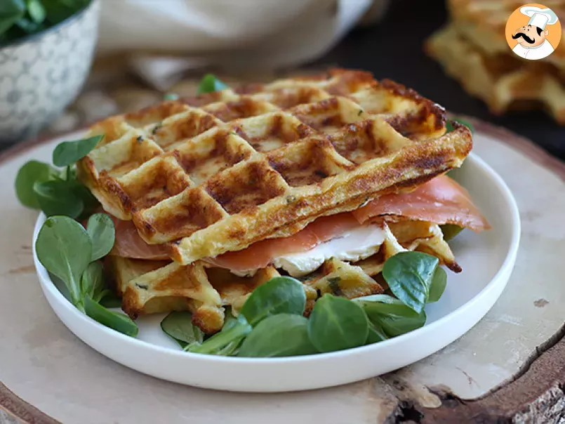 Waffle sandwich with smoked salmon and cream cheese