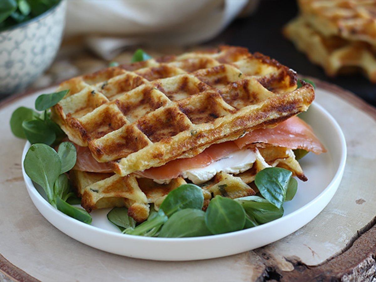 Waffle sandwich with smoked salmon and cream cheese