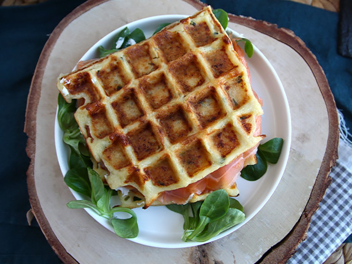 Waffle sandwich with smoked salmon and cream cheese - photo 5