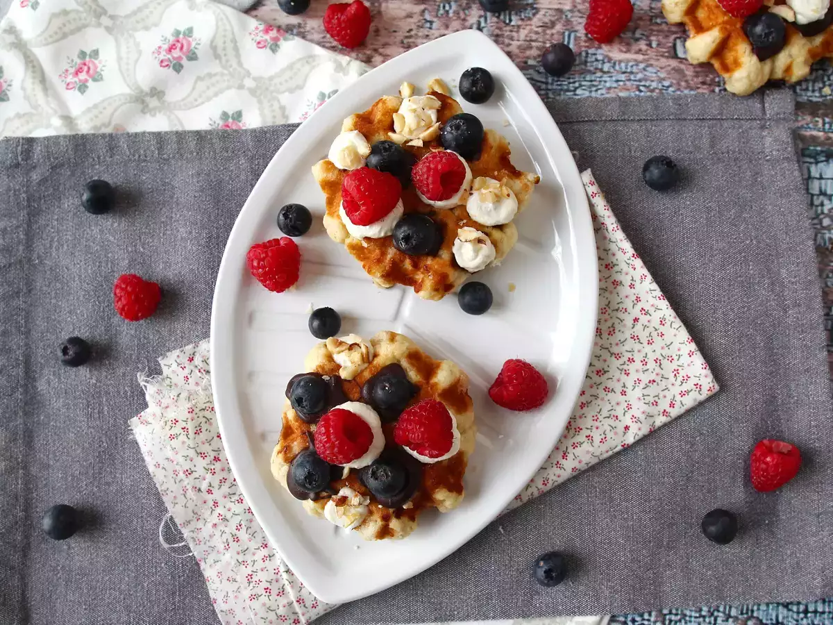 Waffles topped with fruit, chocolate and whipped cream - photo 5