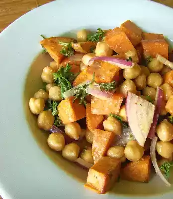 Warm sweet potato chickpea salad recipe with tahini dressing