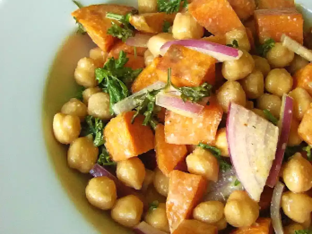 Warm Sweet Potato and Chickpea Salad with Tahini Goddess Dressing