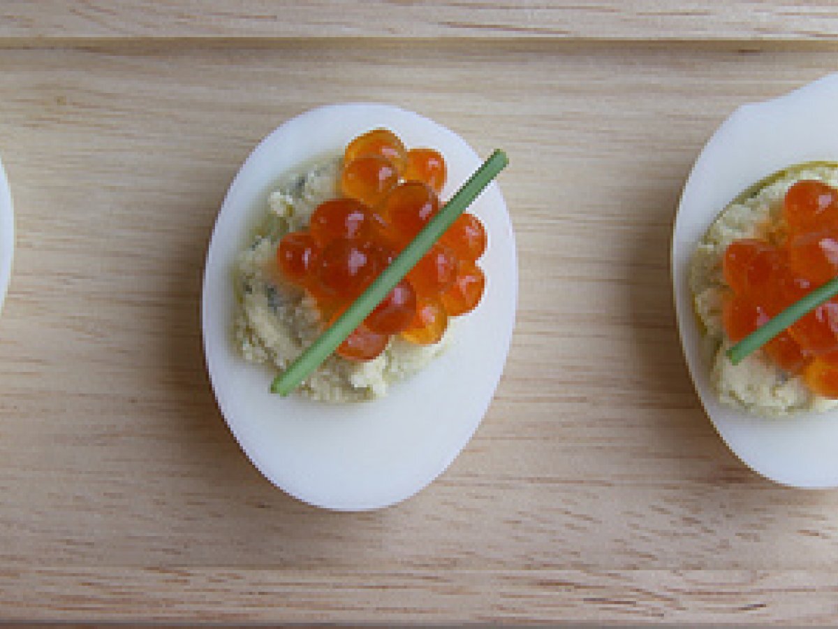 Wasabi Deviled Eggs with Salmon Roe