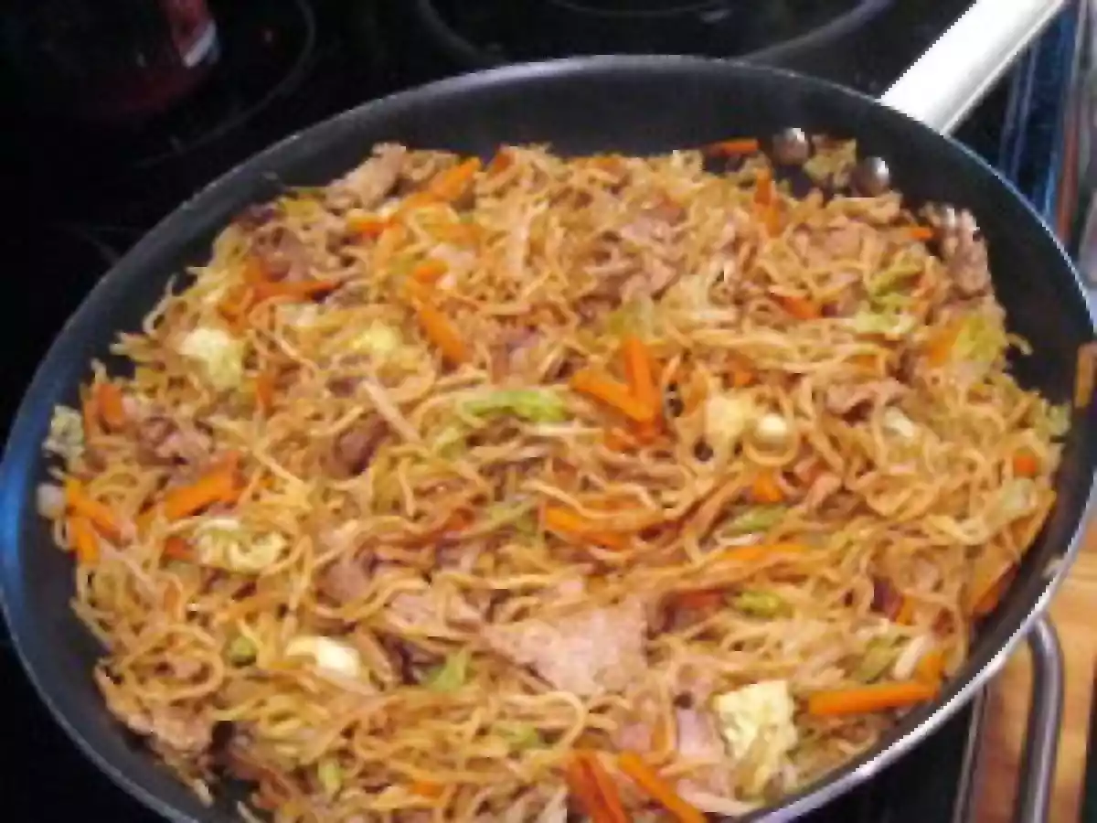 Yakisoba Noodles with Pan Seared Pork Tenderloin, Fresh Cabbage, Carrots